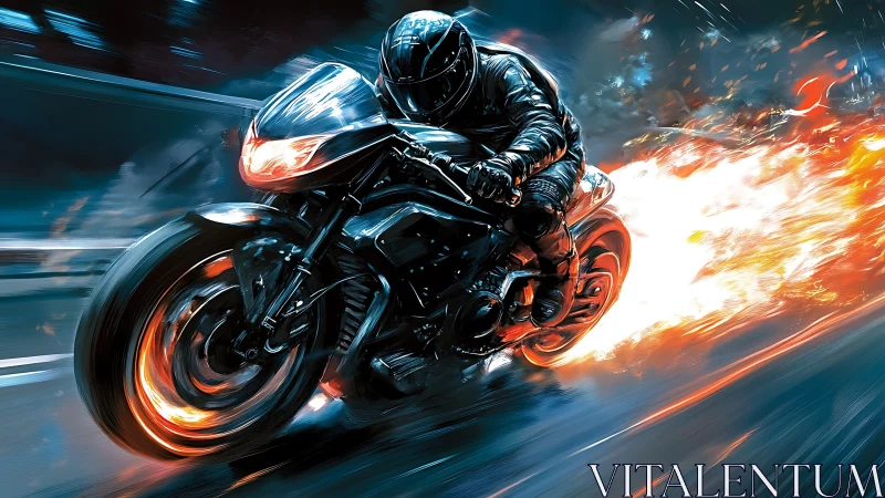 Futuristic sportbike rider racing through firestorm streets.