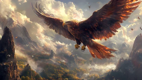 Majestic eagle soaring over dramatic mountain landscape, digital art.