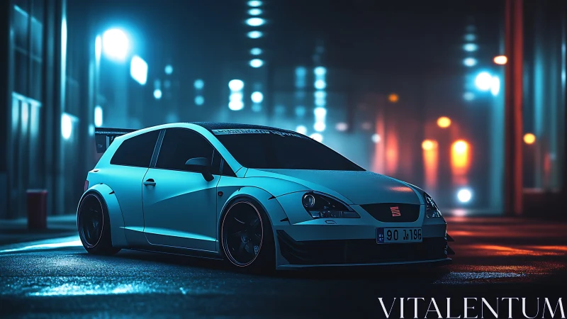 Widebody track-tuned hatchback in neon-lit rainy city street