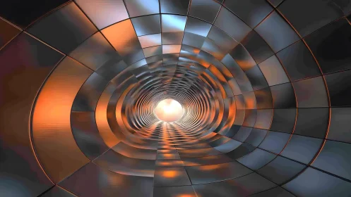Futuristic metallic tunnel with orange lighting in digital art style.