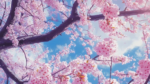 Cherry blossom branches against bright spring sky.