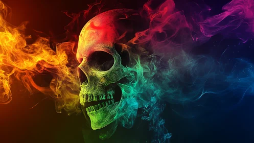 Multicolored digital skull forms from luminous drifting smoke