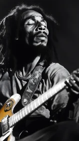 Soul-lit guitarist riding a monochrome wave of rhythm.