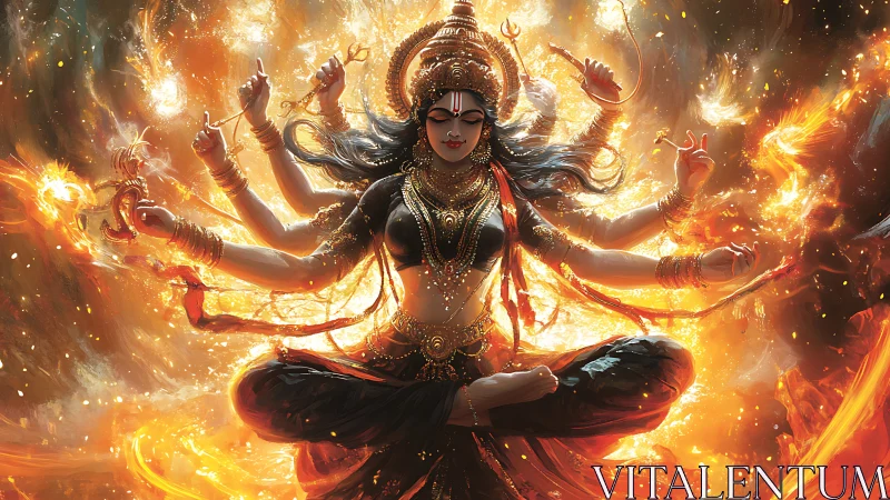 Multi-armed seated deity figure is rendered amid controlled flames