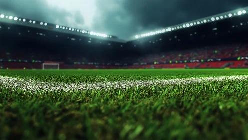 Bright stadium lights welcome a lush green soccer pitch