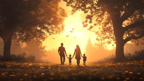 Golden backlit family silhouettes in atmospheric forest path scene.