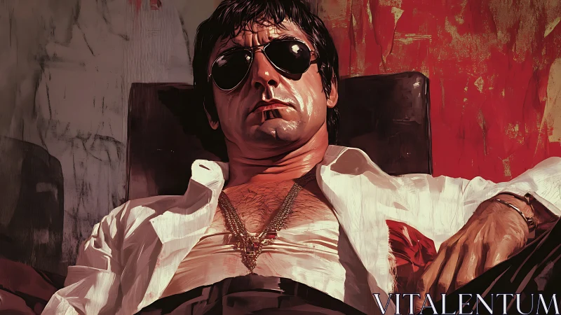 Seated man in sunglasses against textured red backdrop.
