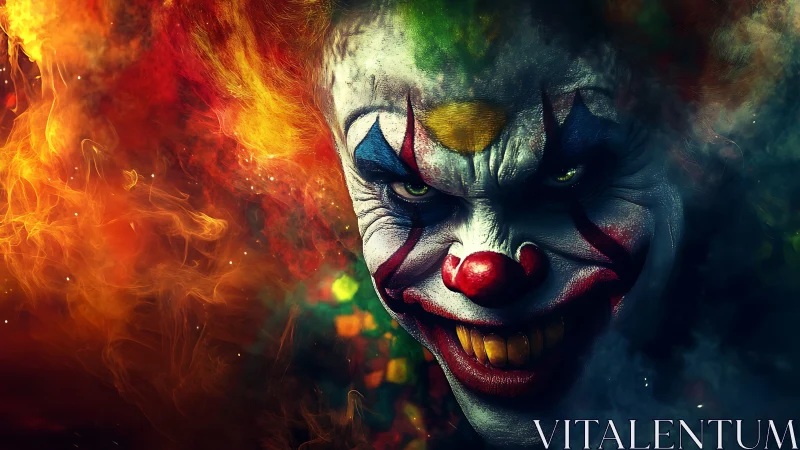Sinister clown emerges from swirling infernal neon smoke