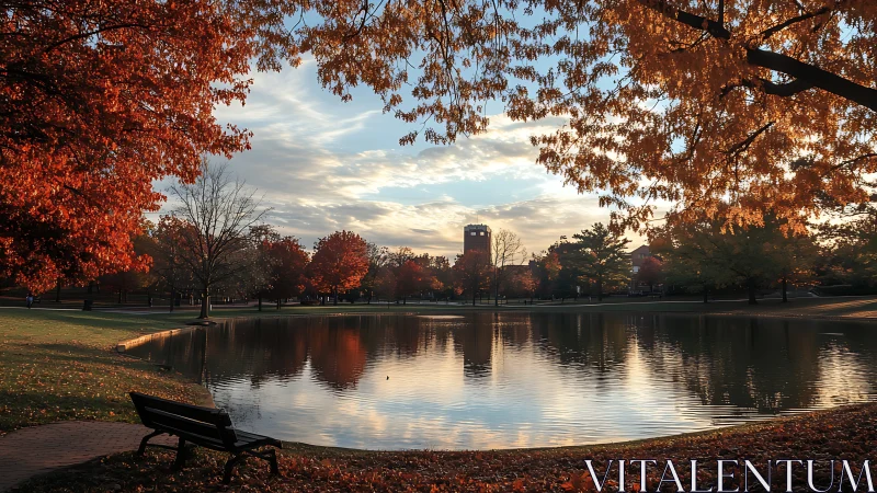 Autumn lakeside parkscape with tower framed by glowing trees.