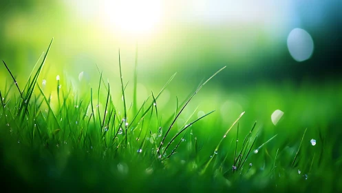 Morning dew sparkles on fresh green grass in soft sunlight.