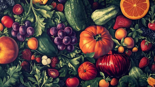 Colorful assorted fruits and vegetables on leafy greens.