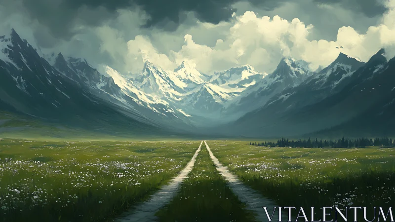 Straight rural path extends toward distant snow covered mountains