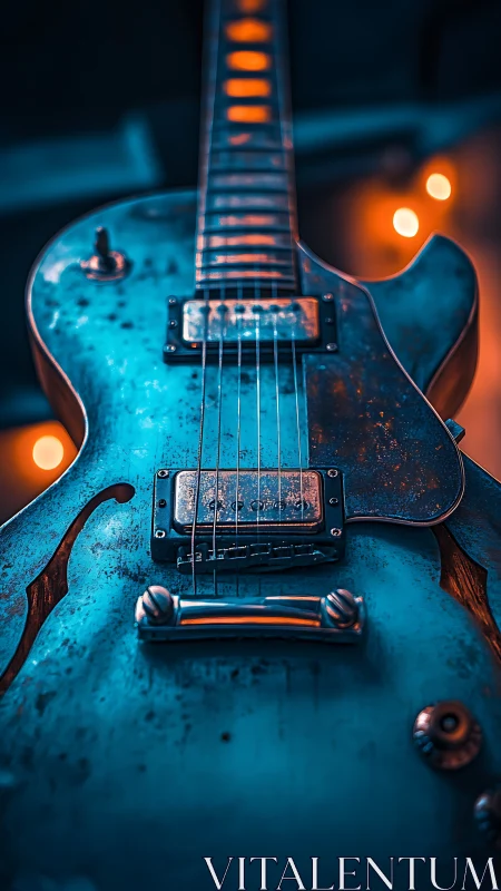 Close view of blue electric guitar with warm bokeh glow.