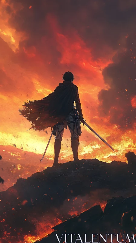 Lone warrior confronts a burning horizon of molten sky.