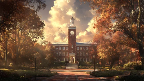 Autumn-lit campus clocktower framed by glowing foliage.