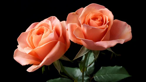 Coral Roses Against Black Background: High-Key Floral Study.