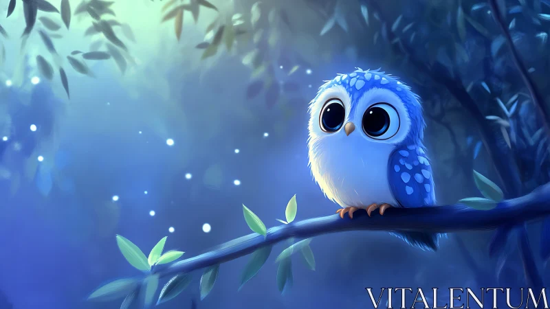 Cute blue cartoon owl on branch in glowing magical forest at night.