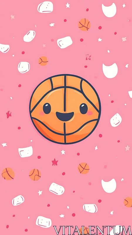 Smiling kawaii basketball floating in a pink candy sky.