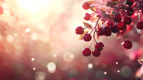 Sunlit cherry branches glowing in a dreamy pink haze.