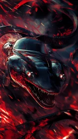 Serpentine supercar fusion surging through crimson chaos.