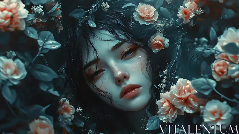 Female face framed by roses in dense teal foliage.