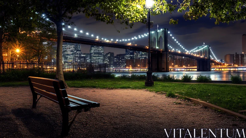 Quiet park bench overlooks Brooklyn Bridge in glowing night