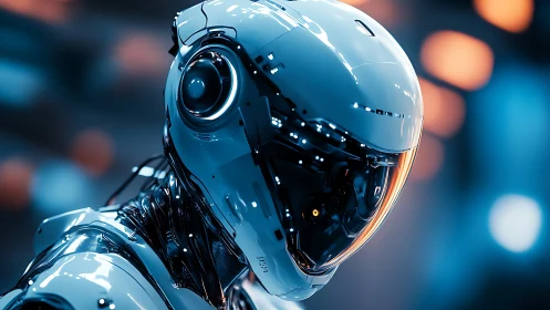 Graceful chrome robot bathed in gentle futuristic glow.