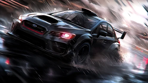 Subaru rally car powers through wet neon city streets.