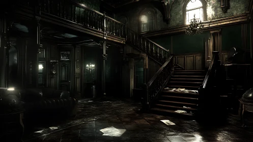 Decaying baroque staircase under dramatic volumetric lighting.