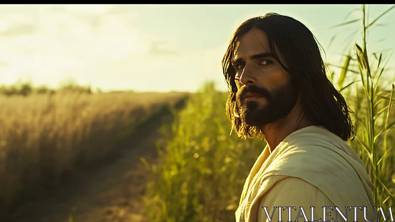 Sunlit robed man walking along rural field path at dusk.