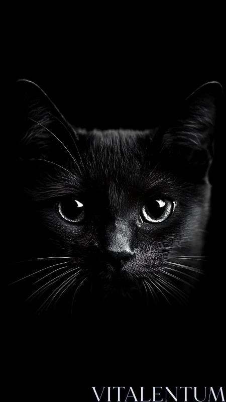Black cat portrait against dark background.