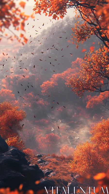 Autumn mountain valley with orange forest and distant mist.