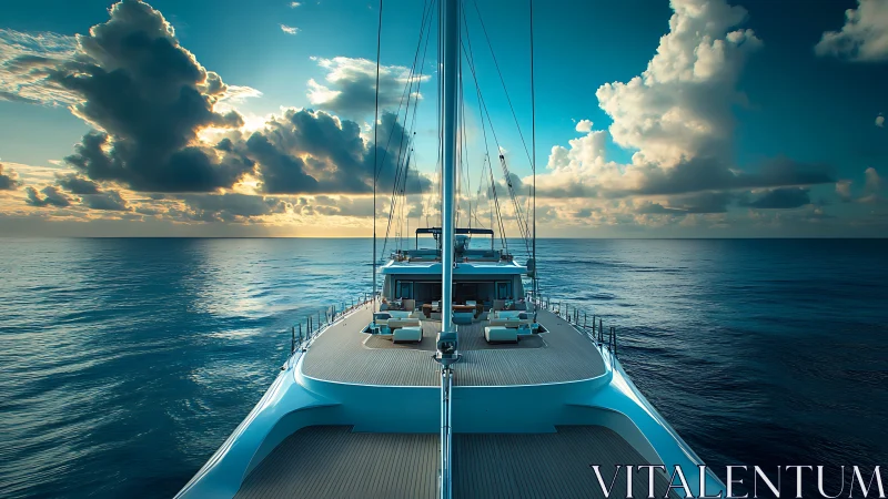 Sun-chasing yacht slices the horizon in mirrored teal calm