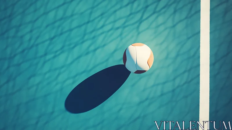 Sunlit volleyball resting quietly on teal game court.