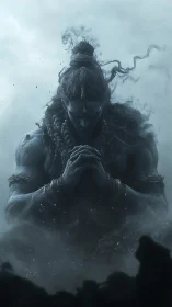 Meditating storm god in shadowy monochrome mist.