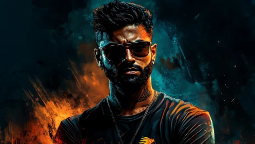 Stylized male portrait with sunglasses in dual-color light.