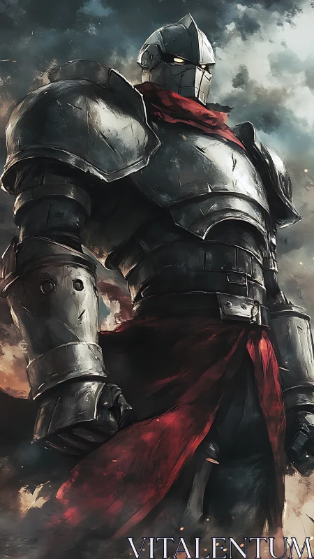 Towering armored warrior stands amid storm and embers.