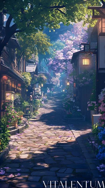 Narrow stone lane with wooden houses and dense spring foliage.