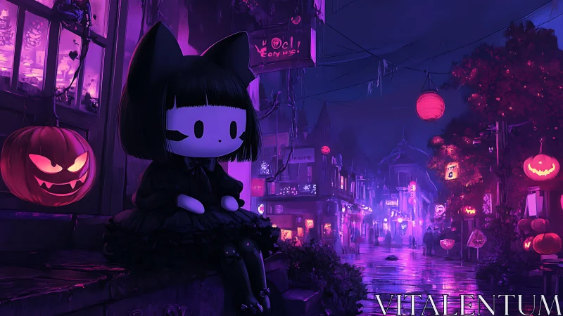 Stylized character overlooks neon lit Halloween street scene