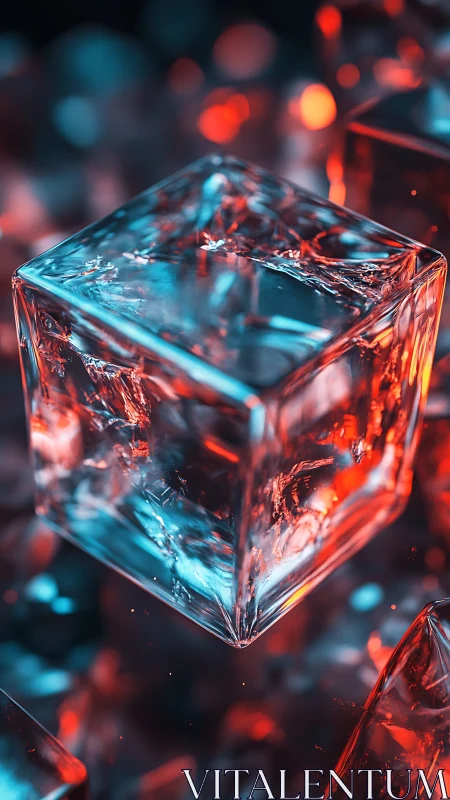 3D refractive ice cube with neon bicolor specular lighting.