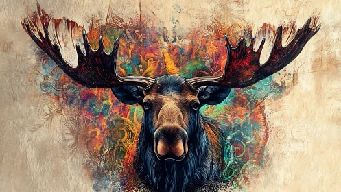 Moose portrait is rendered against abstract multicolor backdrop