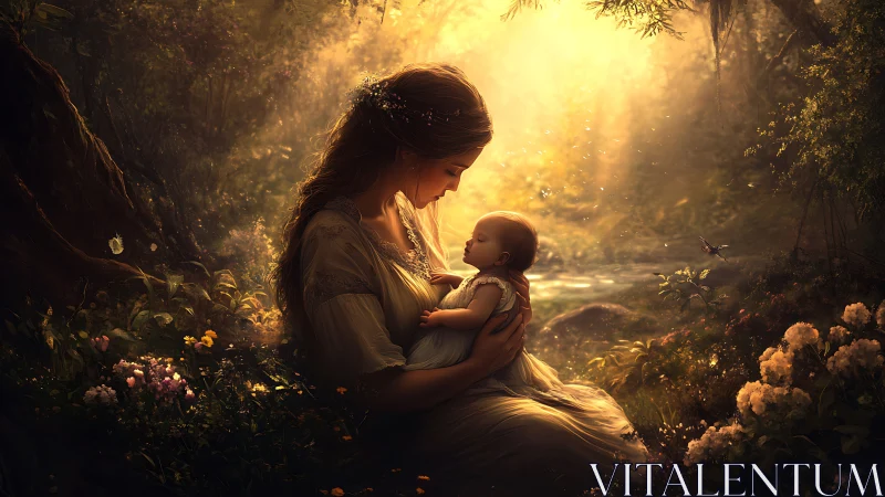 Forest cradle of light where mother and infant dream together.