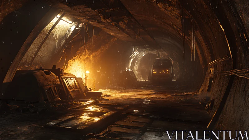 Abandoned underground tunnel glows with industrial firelight
