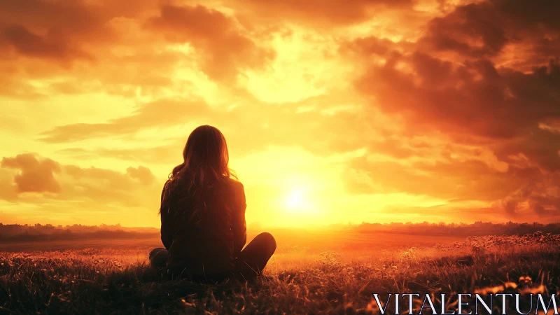 Woman Sitting in Field Watching Vibrant Sunset, Cinematic Style.