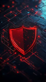 Radiant red cyber shield over glowing circuit matrix.