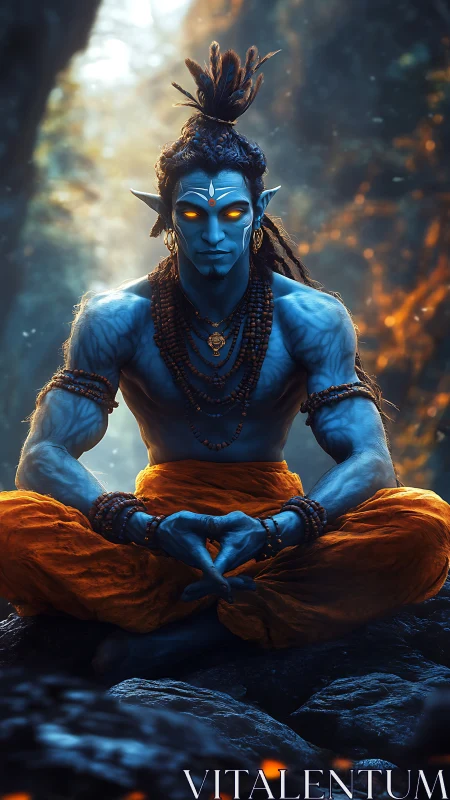 Mythic blue yogi in meditative front portrait composition.