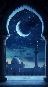 Crescent moon over mosque framed by ornate archway.