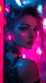 Neon cyberpunk femme cyborg portrait in magenta blue key light