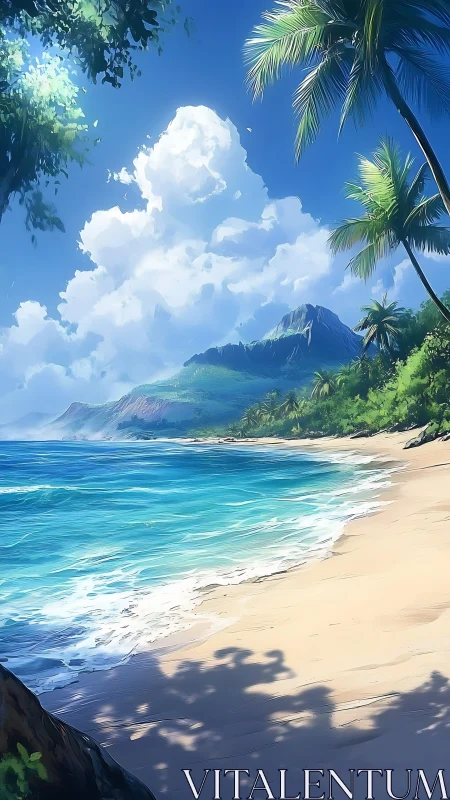 Tropical Beach Paradise with Volcanic Mountain Peak.