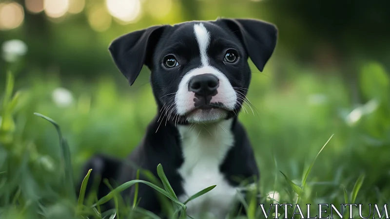 Black and white puppy portrait in shallow depth-of-field meadow.